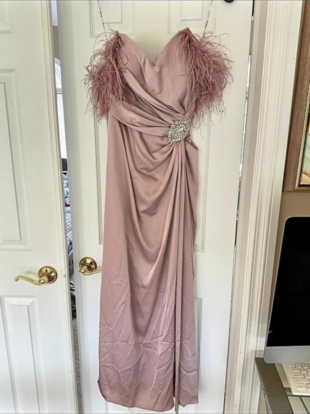 Turkish Designer Feather Trim Draped Maxi Dress in Pink